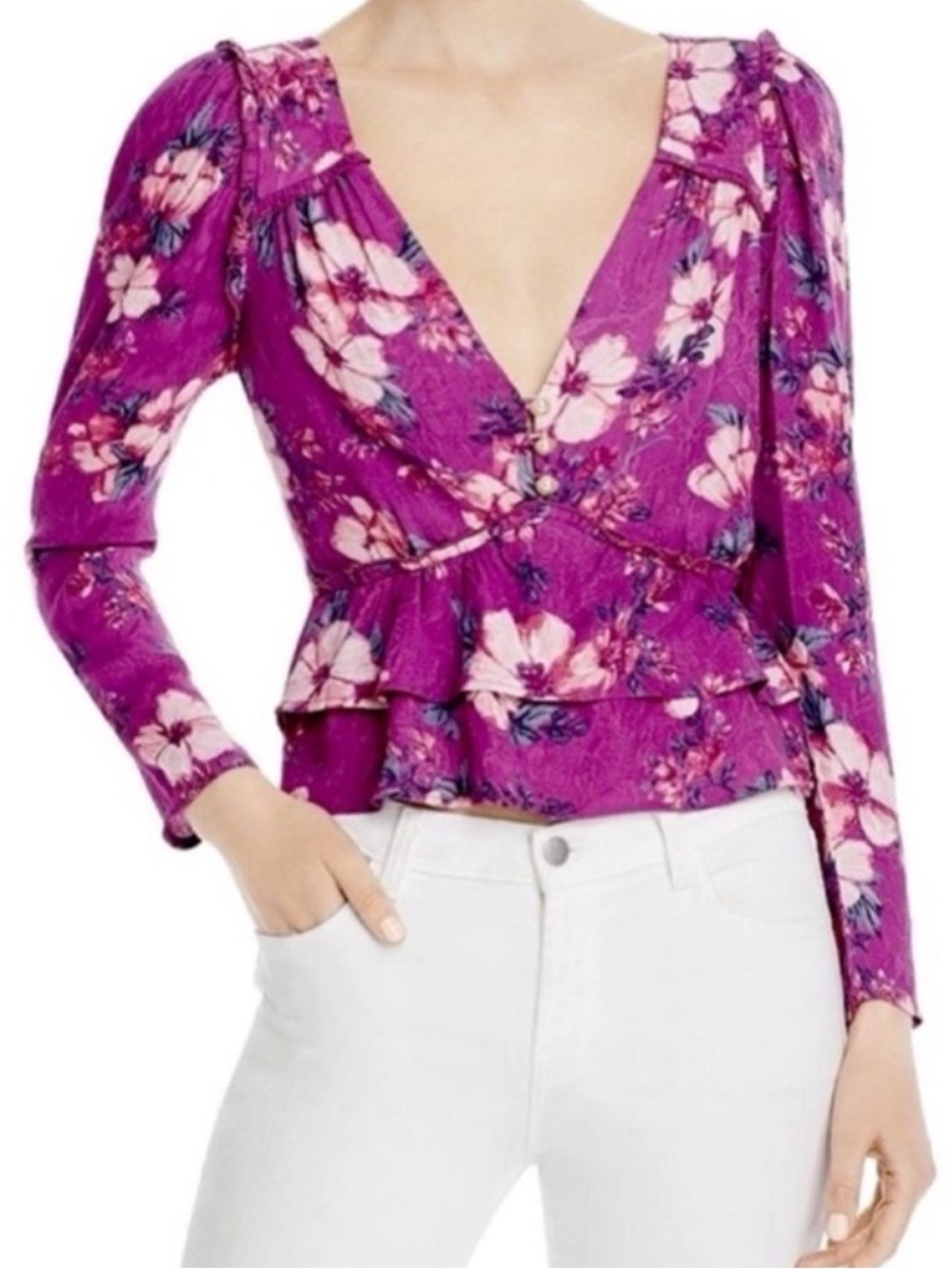 Anthropologie Rahi Wren Brit Ruffle Floral Print Blouse Sz XS Purple Romantic